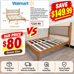 Queen Size Oak Wood Platform Bed Frame with Quilted Headboard