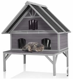 AIR7034 Large Outdoor Cat House Weatherproof 2-Story Wooden Feral Cat Shelter Cat Condo for Winter with Waterproof Roof, Large Porch Balcony, Escape D