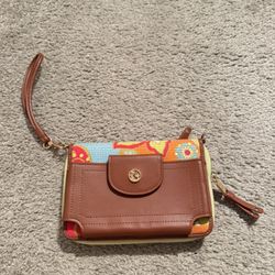 Spartina 449 Wristlet Linen Leather Floral Boho Wallet Clutch 7.5"x 5"