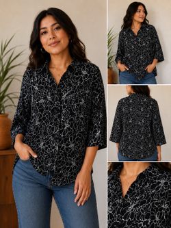 Croft & Barrow Women's Black White Floral Button Front Blouse Shirt XL Textured 100% Cotton