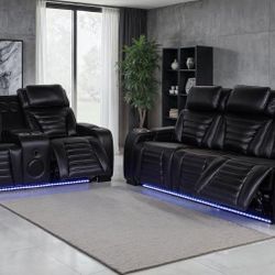 Black Leather Sofa With Power Reclining Seats, LED Lighting, And Many More Features