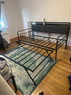 Daybed with Trundle and LED Light, Heavy Duty Metal Twin Bed Frame with Upholstered Storage Headboard & Charging Station, Day Bed Pop Up Trundle Bed T