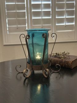 Rustic Wrought Iron Candle Lantern w/ Hand-Blown Turquoise Glass