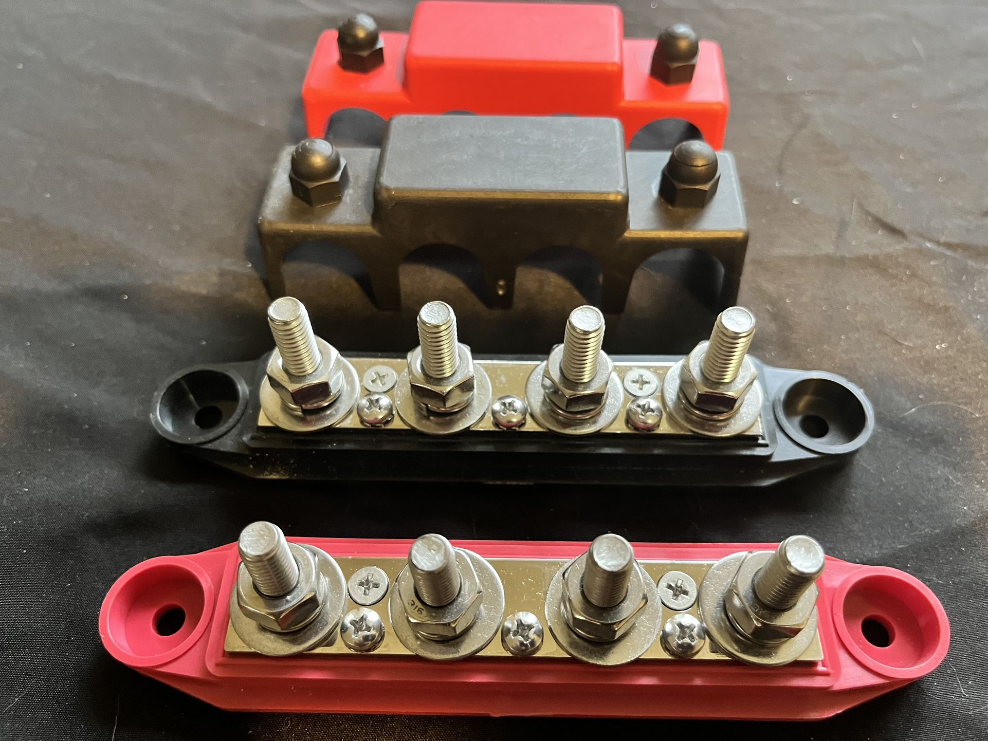 Busbar - Made in USA – 4-Post 250 Amp Stainless Steel Distribution Block - Pair Red & Black 5/16"