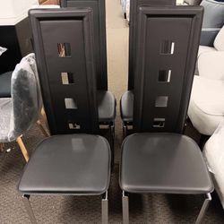 【Set of 4】Set of 4 PU Leather Dining Chairs, Modern Dining Set Sturdy Steel Frame Comfortable Backrest, Black Cushions Sleek Electroplated Legs Dining