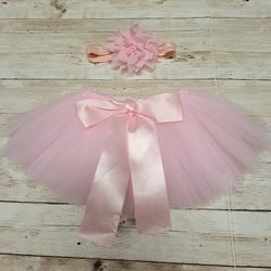 Newborn Tulle Tutu Skirt with Matching Headband, Newborn Photo Prop, Color: Pink