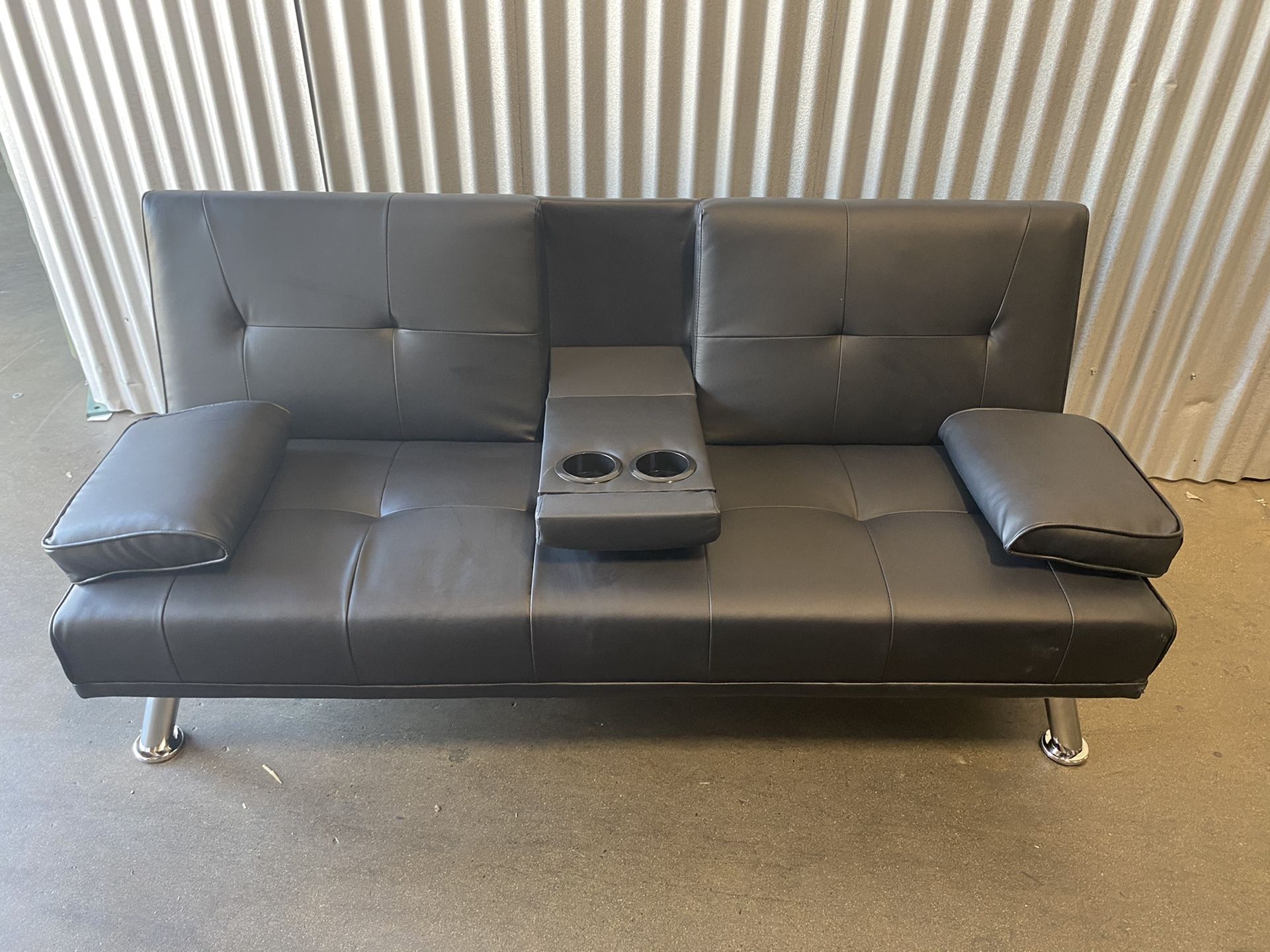 Sell as is! Scratch and rips! Faux Leather Modern Convertible Folding Futon Sofa Bed Recliner Couch w/Metal Legs, 2 Cup Holders, Black