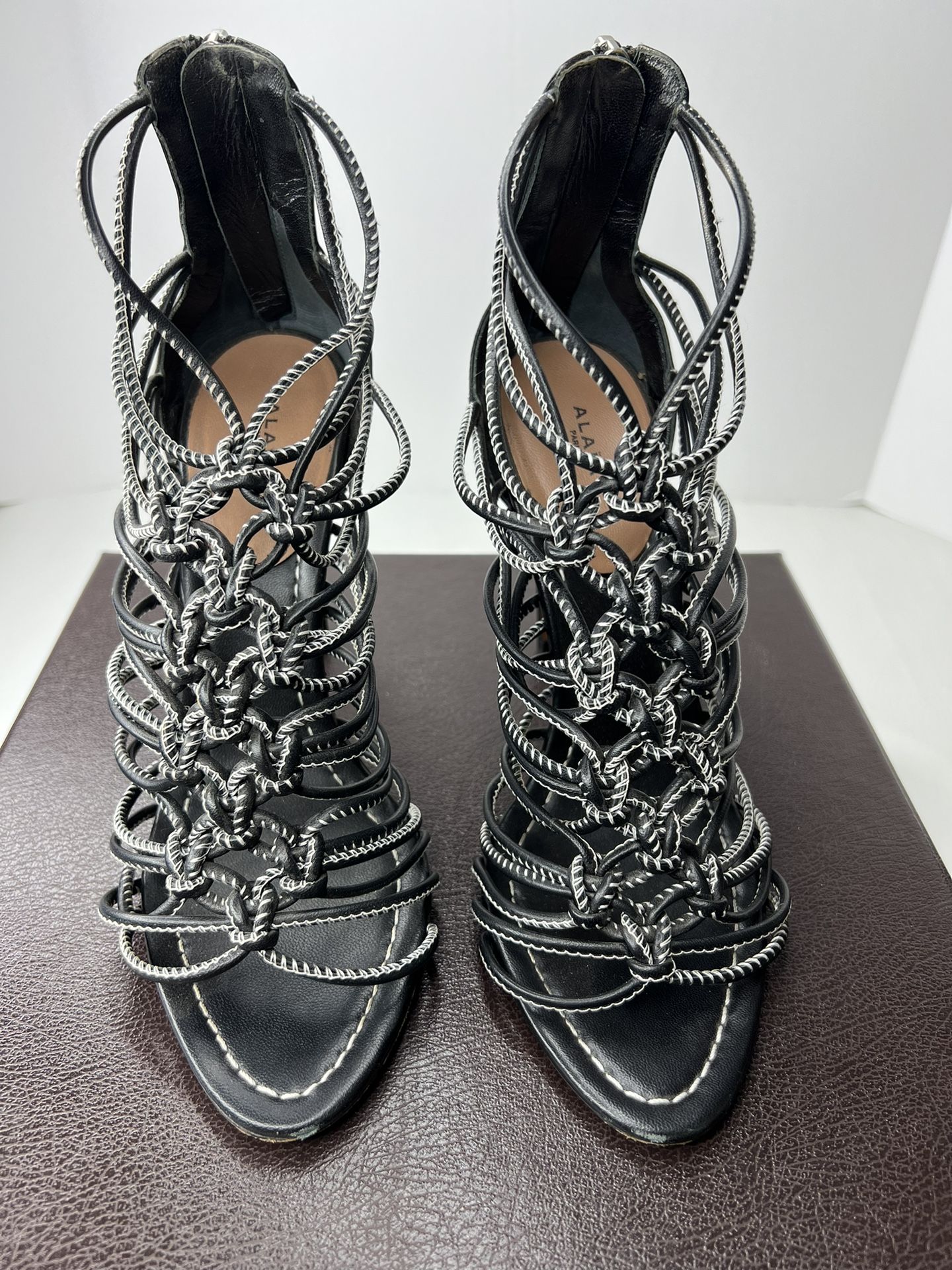 Alaia Peau Elegance Black/White Caged Sandals Heels Size 38/ 8 worn twice