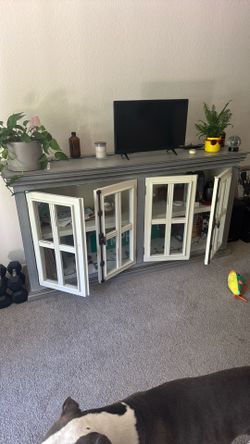 Distressed Gray & White Window Pane Cabinet Console