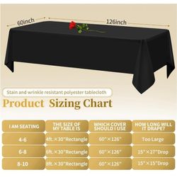 60 x 126 Inch Table Cloth,Black Rectangle Tablecloths for 8 Foot Rectangle Tables Stain and Wrinkle Resistant Washable Polyester Tablecloth,8ft Table 