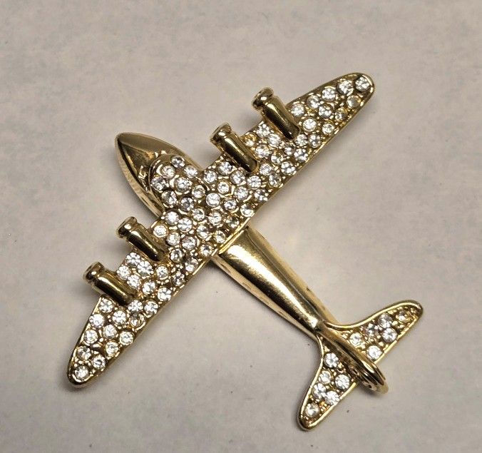 Vintage Goldtone And Clear Rhinestones Airplane Brooch Marked With Star On Tail 