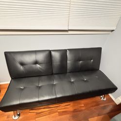 Black Faux Leather Futon Sofa w/ Cup Holders