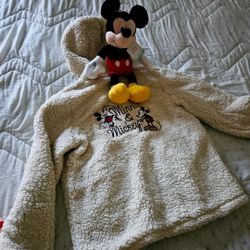 WALT DISNEY: Medium, White Hoody jacket zipper. No tears, fades, rips & Micky Mouse Doll. firm.