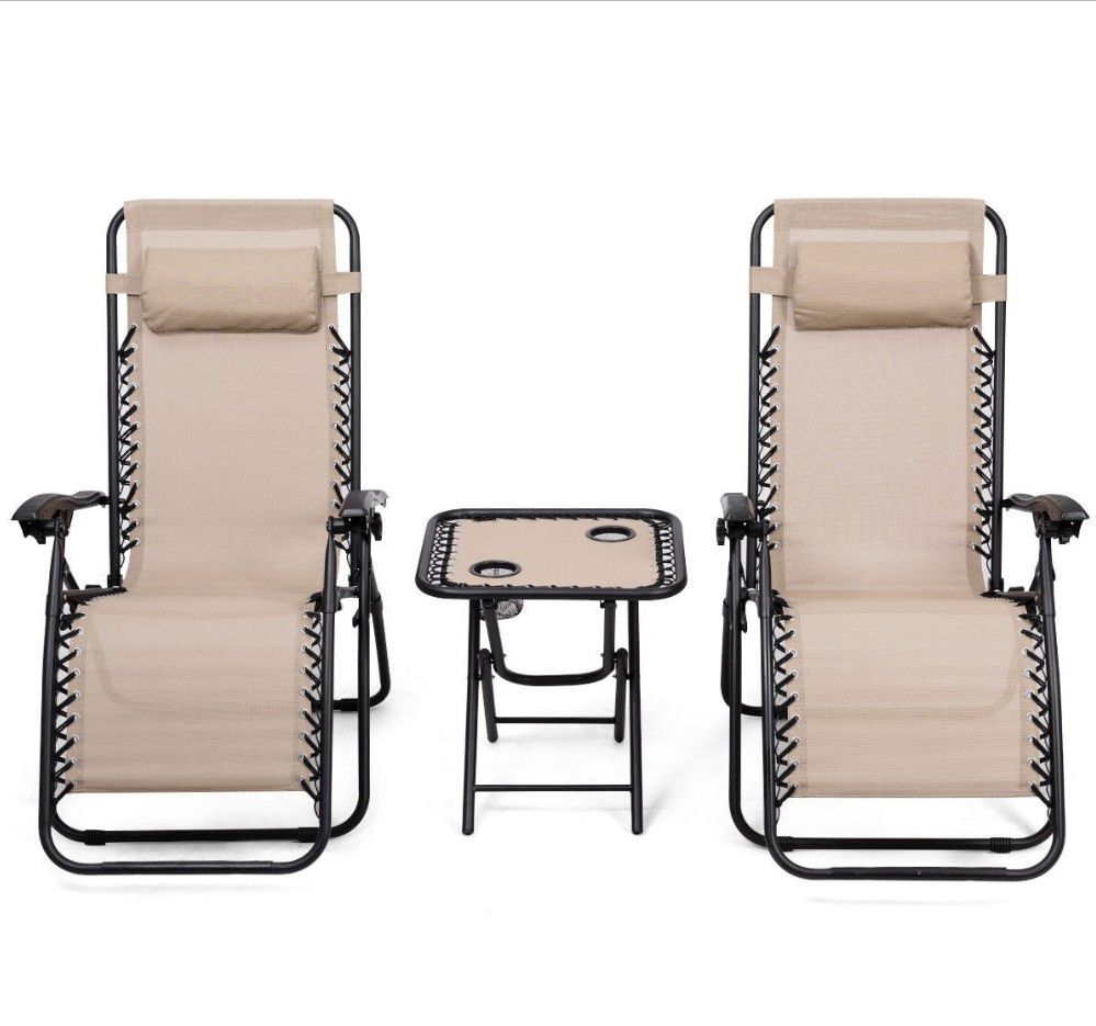 3 Pc Patio Outdoor Furniture Set Recliner Folding Lounge Chairs and Table.