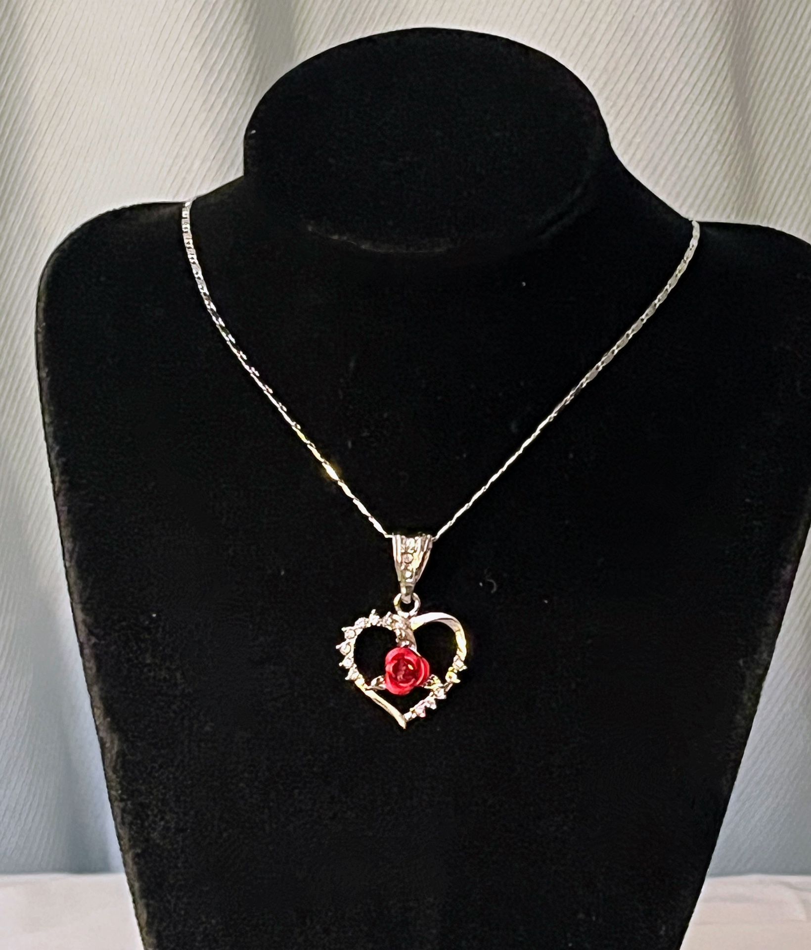 Rose Flower 20”Necklace with Heart-Shaped Pendant