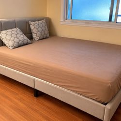 Queen Upholstered Bed Frame + Memory Foam Mattress – Excellent Condition