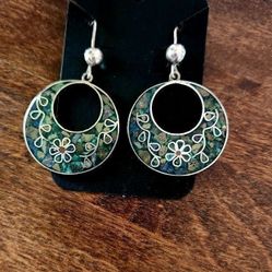 Vintage SS Turquoise Malachite Inlay Earrings