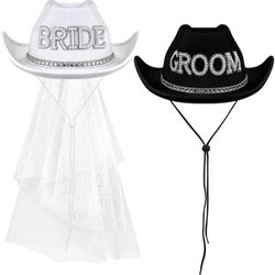 2 Pcs White Bride Cowboy Hat with Veil Black Groom Cowboy Hats for Wedding Bridal Shower Decor 