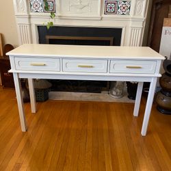 White 3-Drawer Console Table / Writing Desk with Gold Hardware