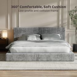 C202 $210  AirFrame Queen Upholstered Bed Frame with Plush Padded Headboard Plush Padded Headboard, 360° Soft Foam Surround, Low Profile Cloud Bed Fra