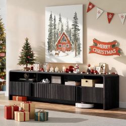 TV Stand for TVs up to 80", 70 inch Fluted TV Console with Storage Cabinets, Wood Entertainment Center Media Console for Living Room, Black