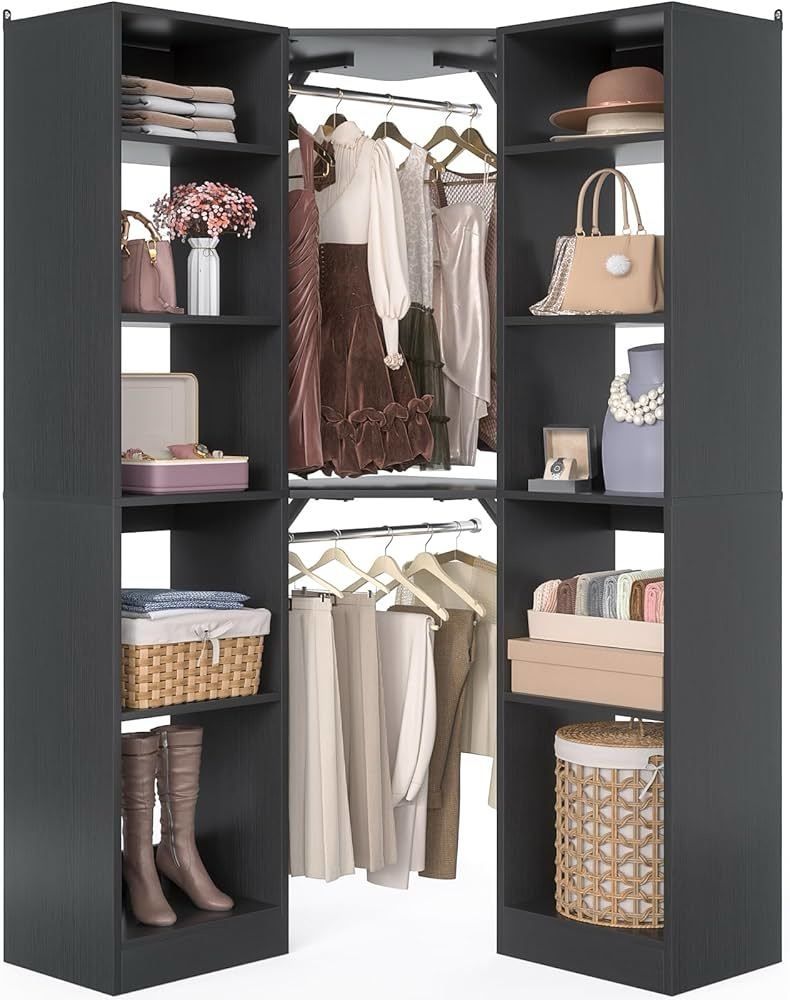 Corner Closet System with 12 Shelves, 39.2" Corner Closet Organizer System with 2 Hanging Rods, Versatile 6-Tier Walk-in Closets for Corner Space, Bla