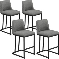 24'' Bar Stools Set of 4, Leather Counter Height Bar Stools, Gray