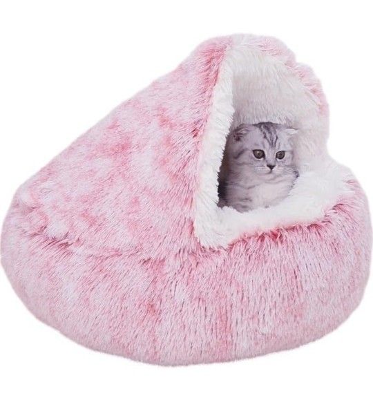 Calming Round Dog Beds &Cat Cave Bed with Hooded Cover,Plush Fluffy Dog Bed Anti