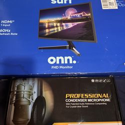 Onn 24” FHD Monitor + Professional Condenser Microphone Bundle – Ideal for Work, Streaming, and Recording