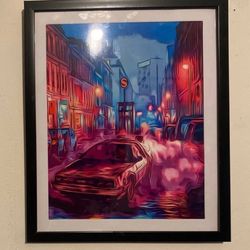 Retro custom art piece of delorean from back to the future in black frame