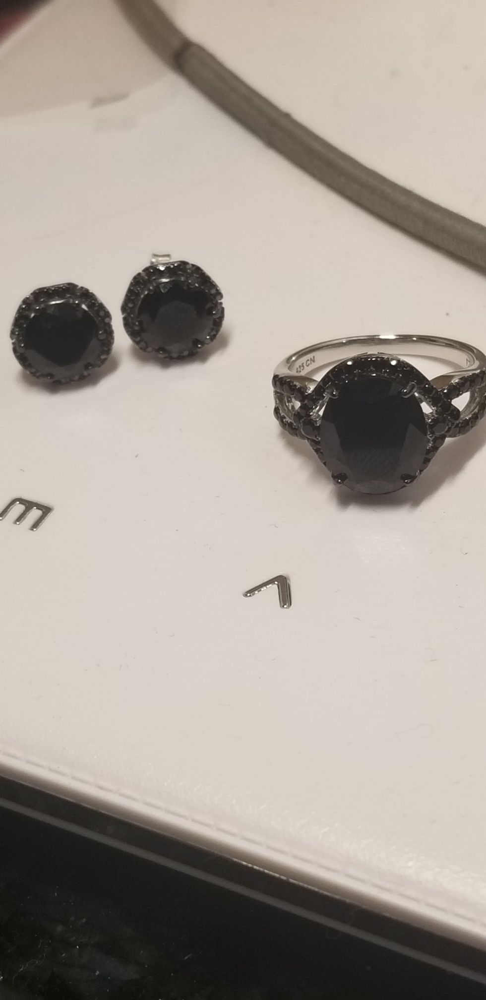 STUNNING BLACK ONYX WITH STERLING SILVER EARRINGS WITH MATCHING RING DAIMONDS TOO