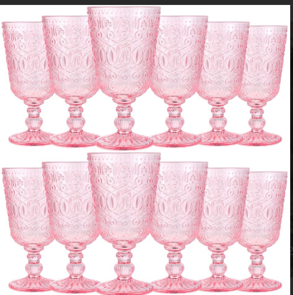Eaasty Wine Glasses Set of 12 Vintage Goblet 9 oz Vintage Colored Glass Goblet Beverage Stemmed Glass Cups Romantic Embossed Glassware for Wedding Par