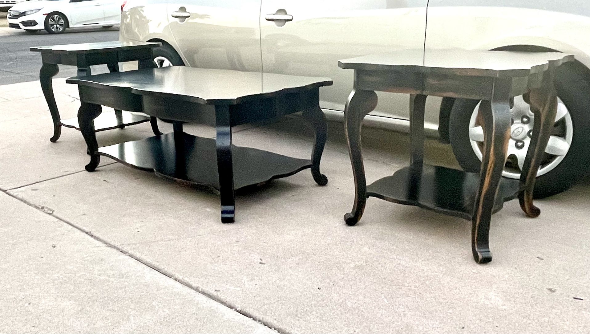 Gorgeous High Quality Distressed Black 50” Coffee Table & End Tables
