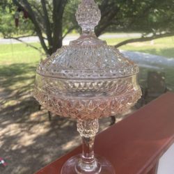 Vintage Indiana Glass pink diamond point dish with lid