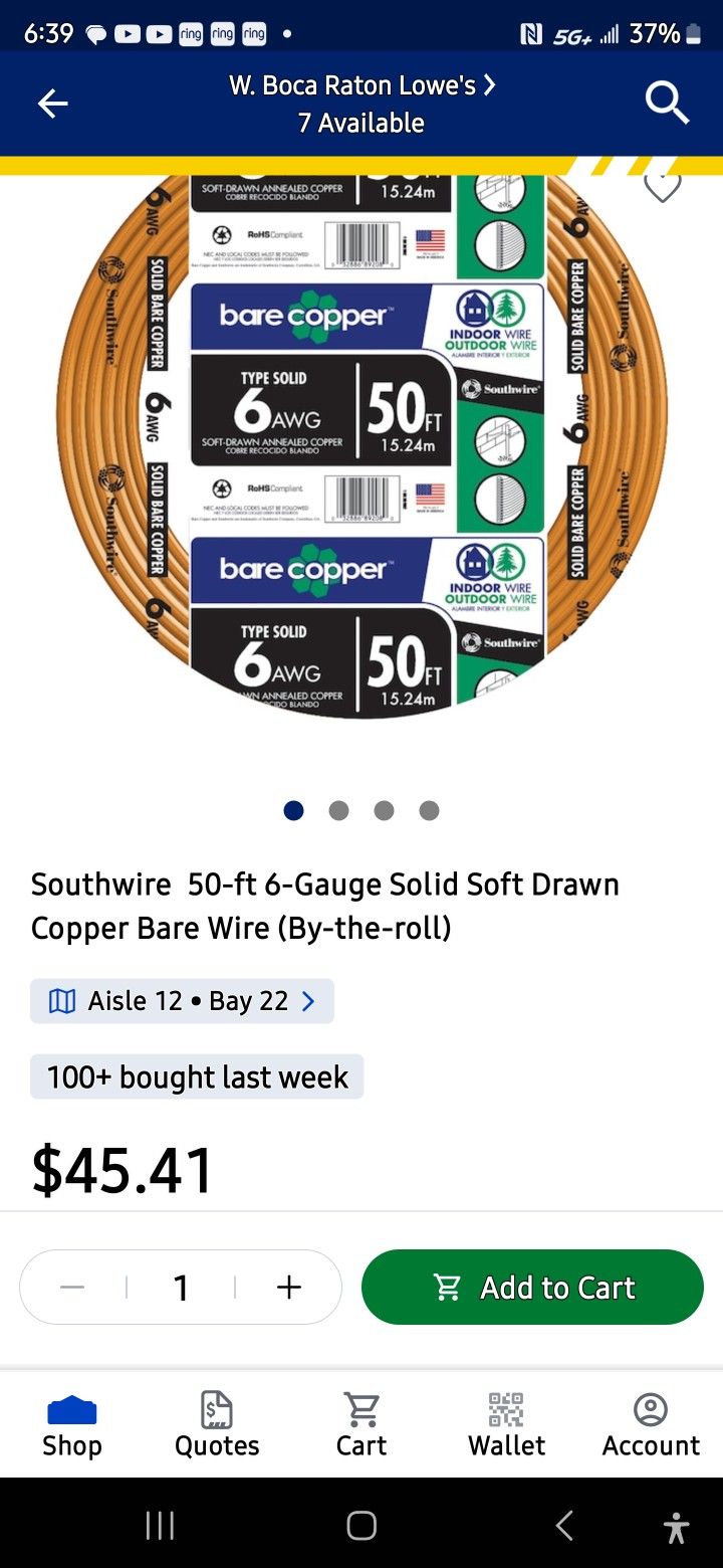 Bare Copper 6awg 50ft