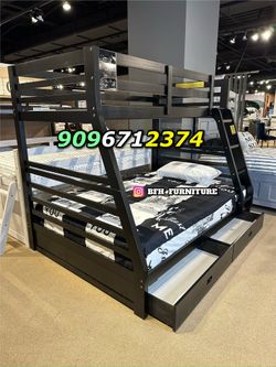 Twin/Full Black Bunk bed w. Drawers & Ortho Mattresses Included 