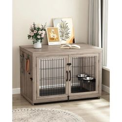 Wooden Dog Crate Furniture with 360°Rotatable Removable Dog Bowls, Dog Crate End Table with Tray, Double Doors Dog Kennels for Dogs