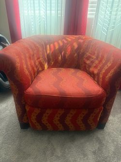 Red and Gold Patterned Barrel Accent Chair