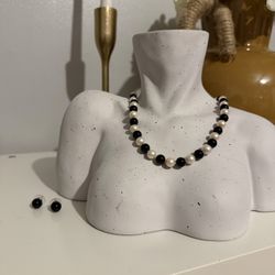 (LAGOS) FRESHWATER Pearl & Black Onyx Necklace And Earrings /Sterling Silver 925