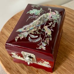 Vintage Red Lacquer Mother of Pearl Peacock Music Jewelry Box