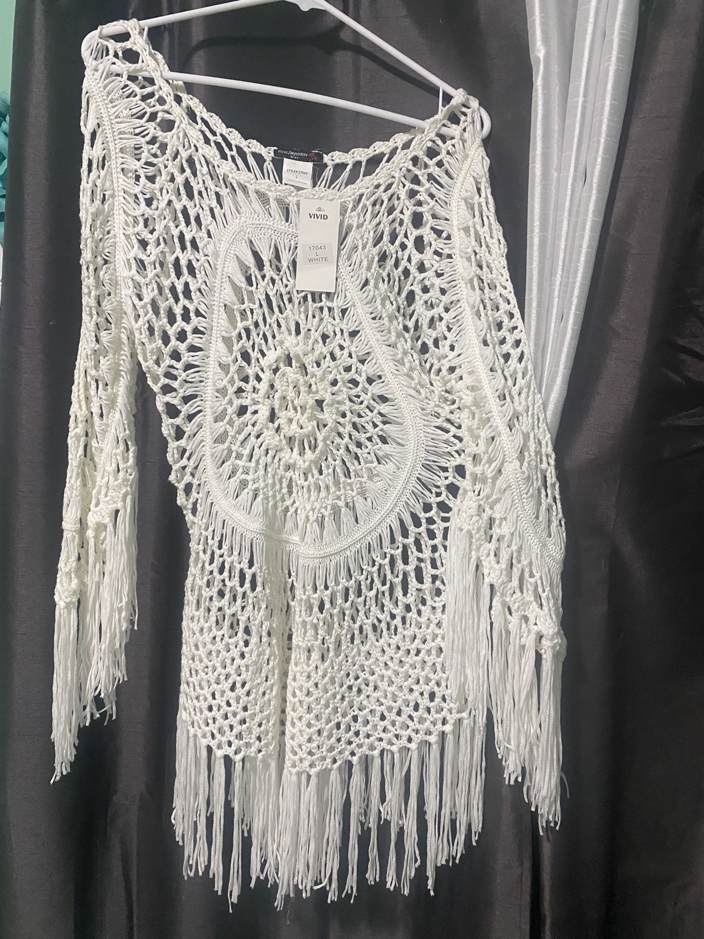 CUPSHE Women's Cover Up White Crochet Hollow Out Tassel Swimsuit Three Quarter Sleeve