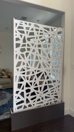 Custom Geometric Laser-Cut Wood Room Divider Screen with Granite Base