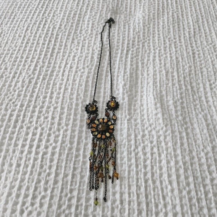 Rare Vintage Bohemian Beaded Necklace with Fringe and amber- Heavy Duty