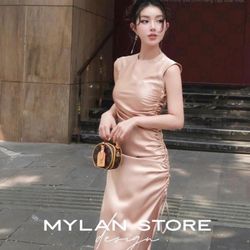 Beige Satin Midi Dress