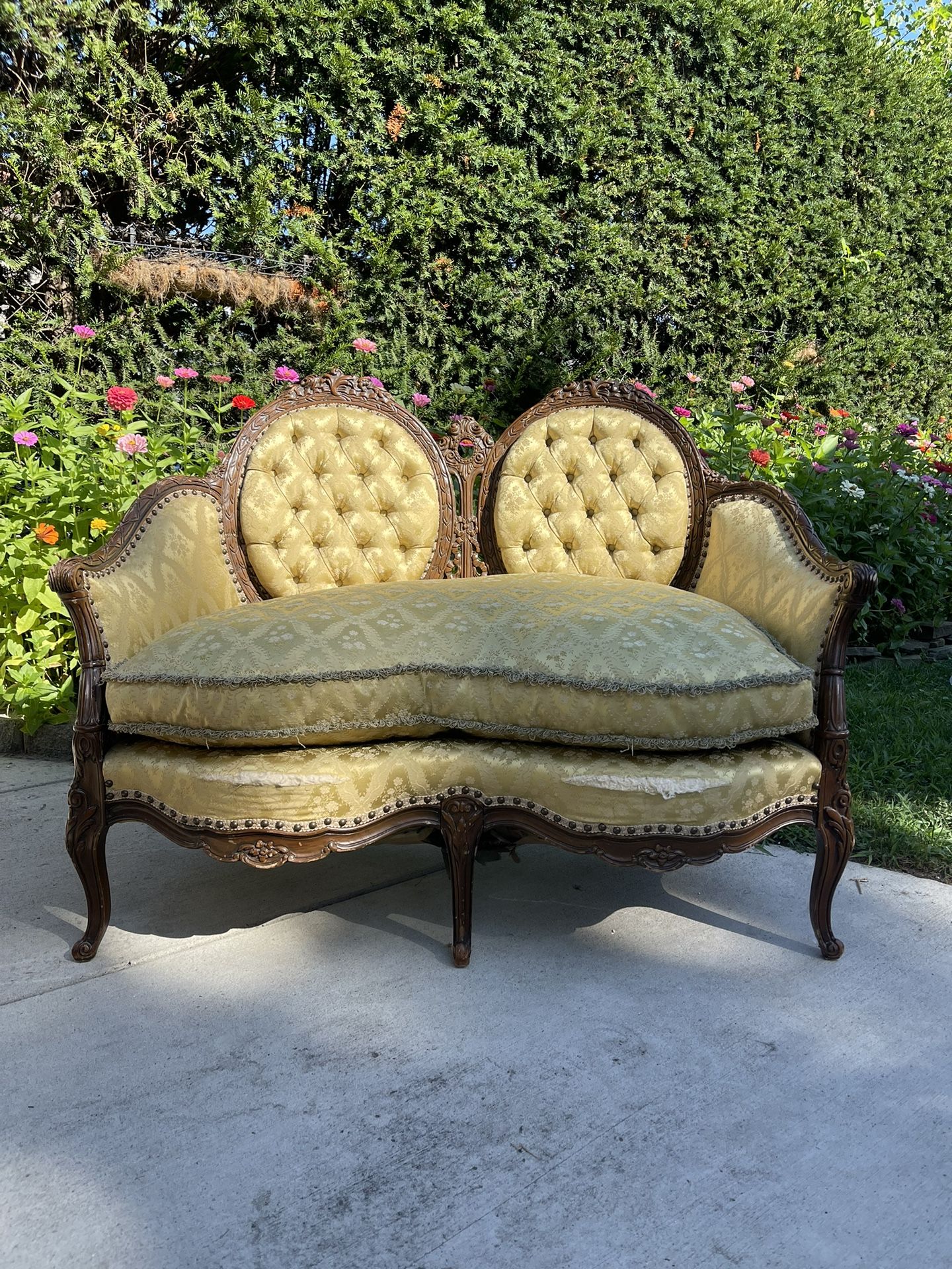 Vintage 1940’s Wood Carved American French Style Upholstered Loveseat Settee
