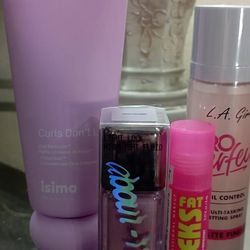 Curl-styling cream, About-face-highliter, Fat Cheeks-juicy plump blush, L.Agurl-oil control, setting spray, And The Brow Glue--brow lamination gel.