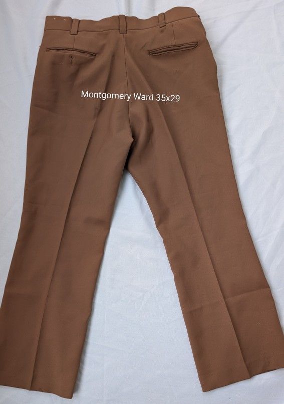 Mens Old School JC Penney Light Brown Slacks Pants 35x29 Polyester, 2 Front Slash Pockets, 2 Rear, Loops