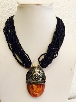 Stunning multi strand Seed Bead big Amber Pendant Necklace
