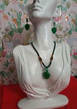 Natural Jade Heart Pendant On Silk Rope Necklace ( Adjustable) Set With Earrings (New)