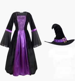 Women's size large Purple and Black Witch Halloween Costume with Hat